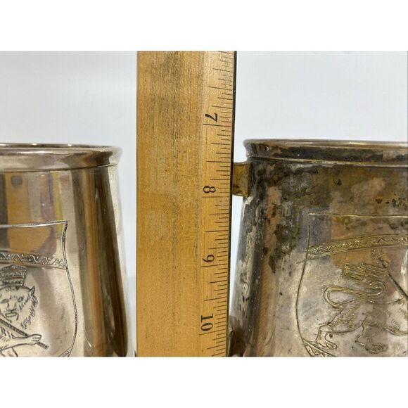 Antique Pair Silverplate British Stein Tankard Hand Etched Lion Crest Guild - Picture 14 of 15